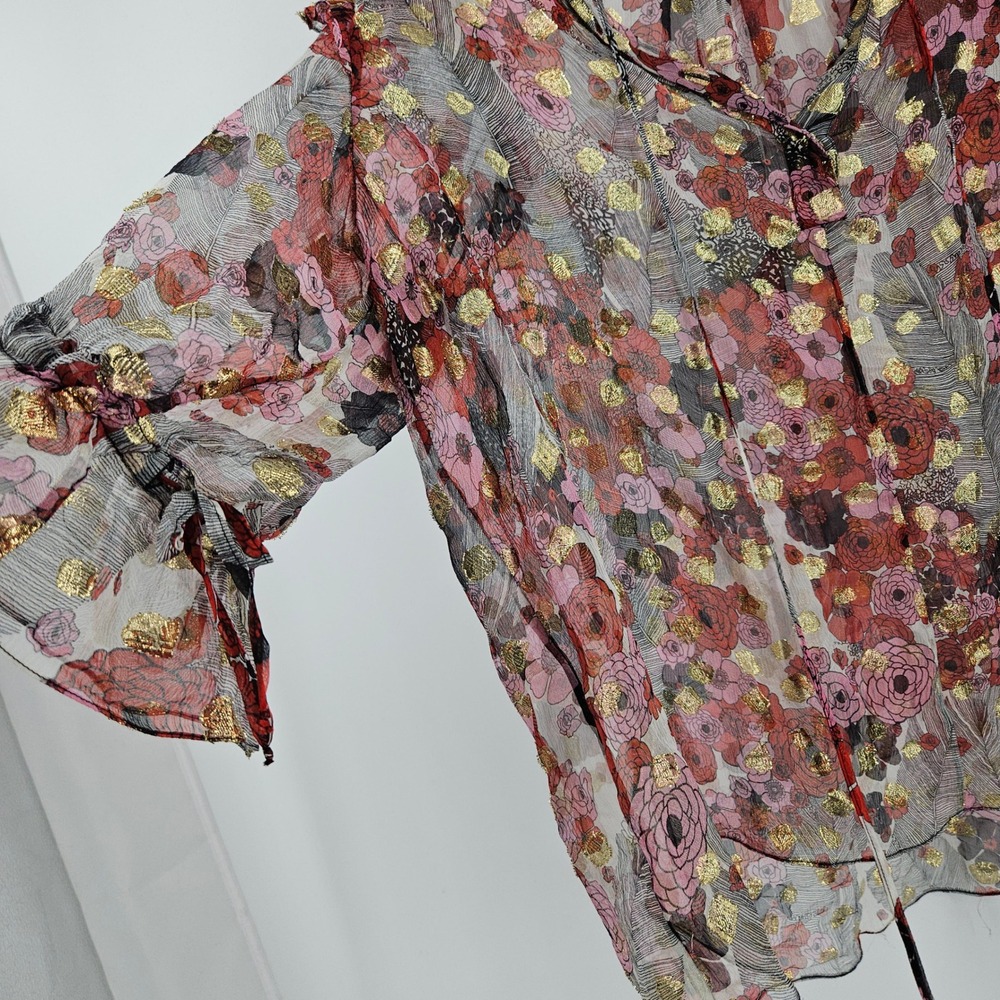 Alexander McQueen Silk Sheer Floral Blouse Maroon Gold Metallic Ruffle Peasant - Picture 5 of 11